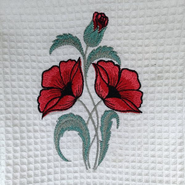 Red Flowers Embroidered Tea Towel